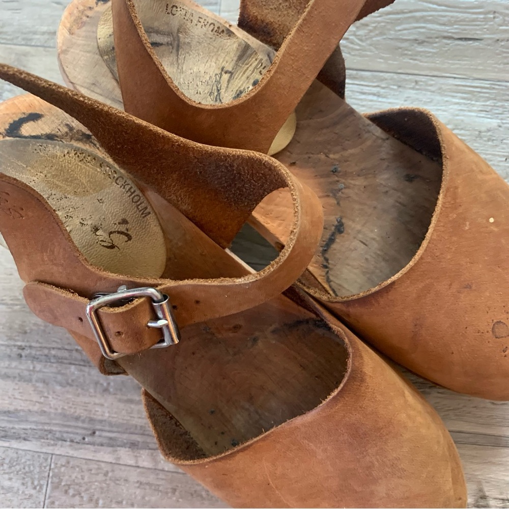 Lotta From Stockholm Wooden Block Heel Leather Buckle Clogs Sandals - Picture 4 of 14